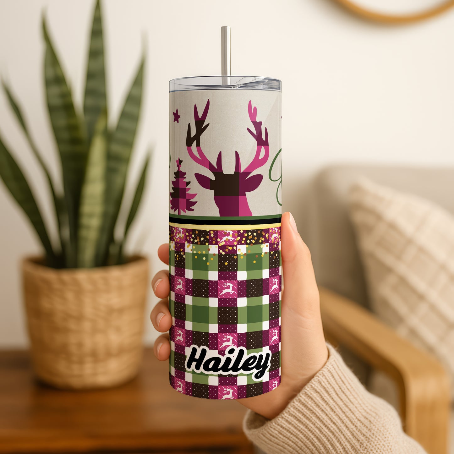 Custom Deer Christmas Tumbler, Plaid Family Holiday Coffee Cup