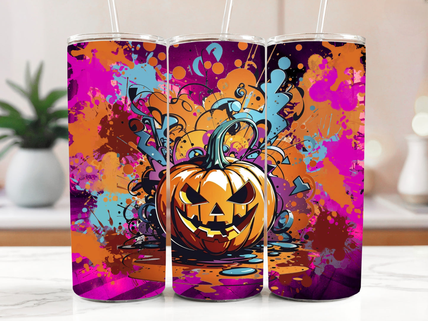 Vibrant Halloween Pumpkin Tumbler, Insulated Stainless Steel with Straw.