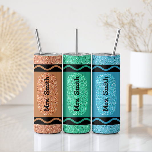 Personalized Glitter Teacher Tumbler, Colorful Insulated Appreciation Gift with Straw