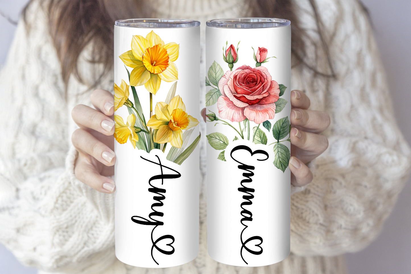 Custom Floral Tumbler, Personalized Drinkware with Rose, Orchid, Lavender, Daffodil