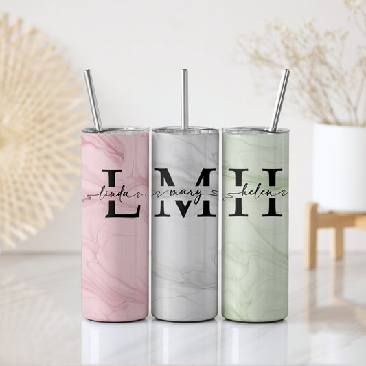 Personalized Marble Monogram Tumbler, Stylish Stainless Steel Water Bottle, Elegant Office Accessory