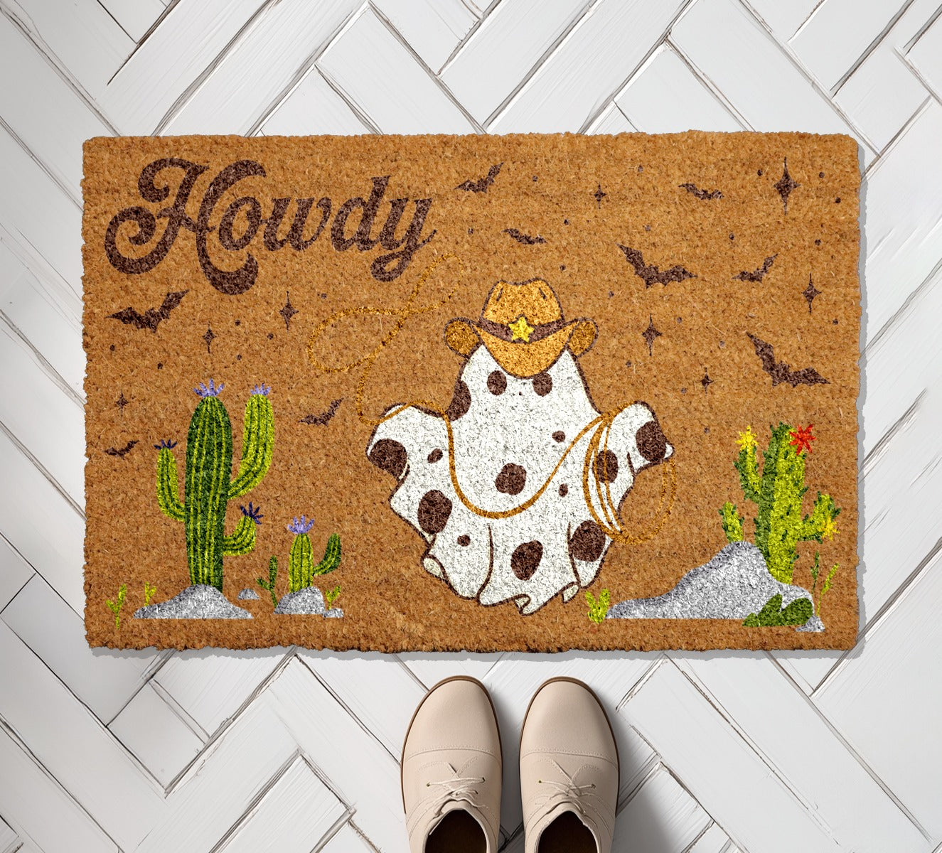 Ghostly Howdy! Spooky Cowboy Welcome Mat, Perfect for Halloween Decor