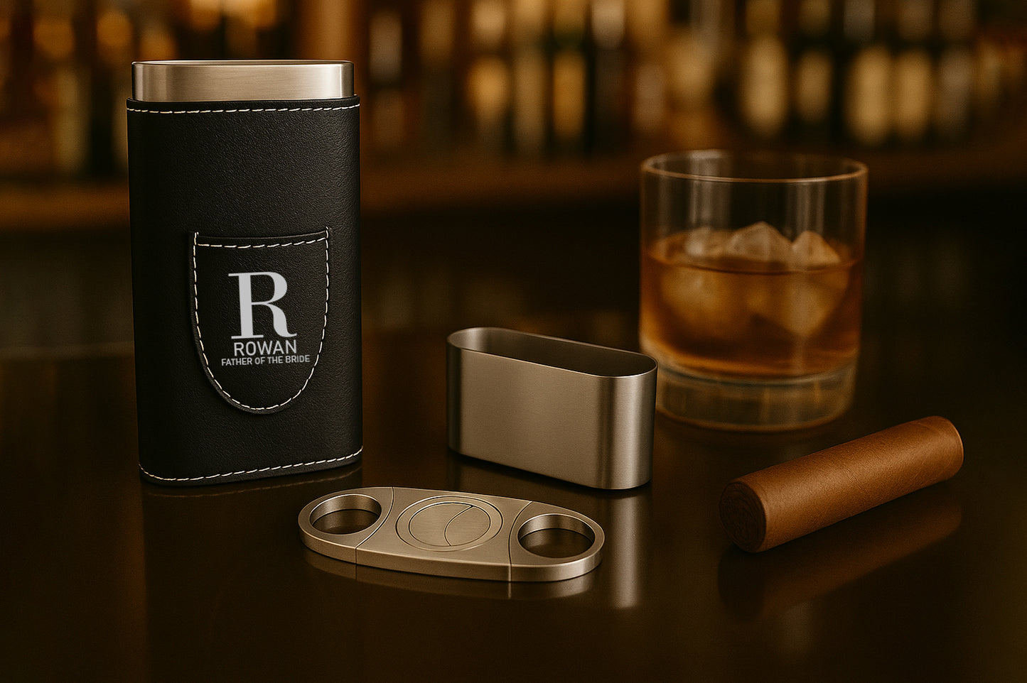 Custom Vegan Leather Cigar Case, Engraved Groomsmen Gift & Cutter