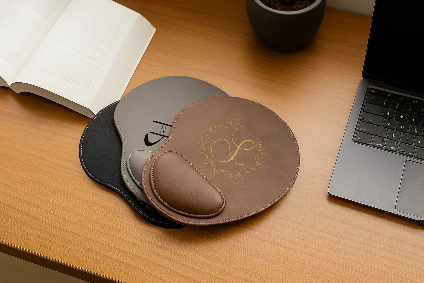 Laser Engraved Custom Name Leather Mouse Pad, Ergonomic Floral Design