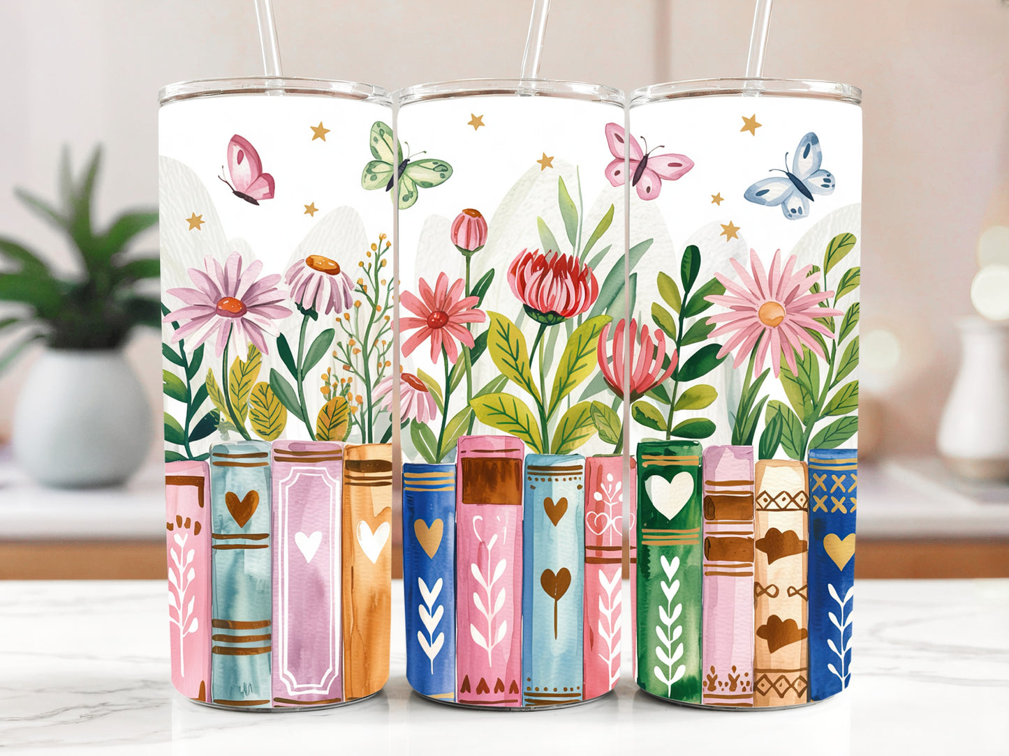 Floral, Butterfly, Hearts Design - Insulated Tumbler for Book Lovers