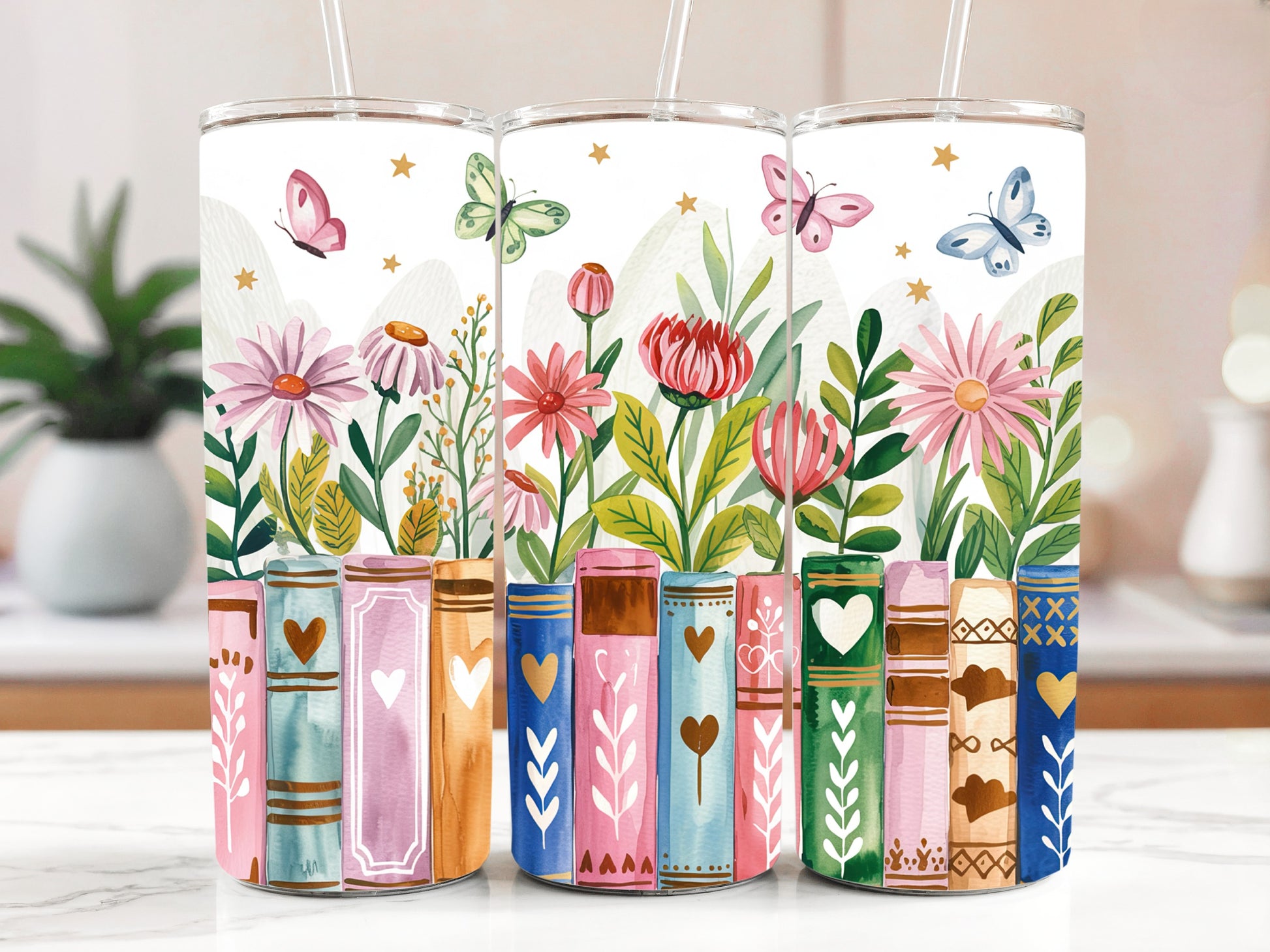 Floral, Butterfly, Hearts Design - Insulated Tumbler for Book Lovers