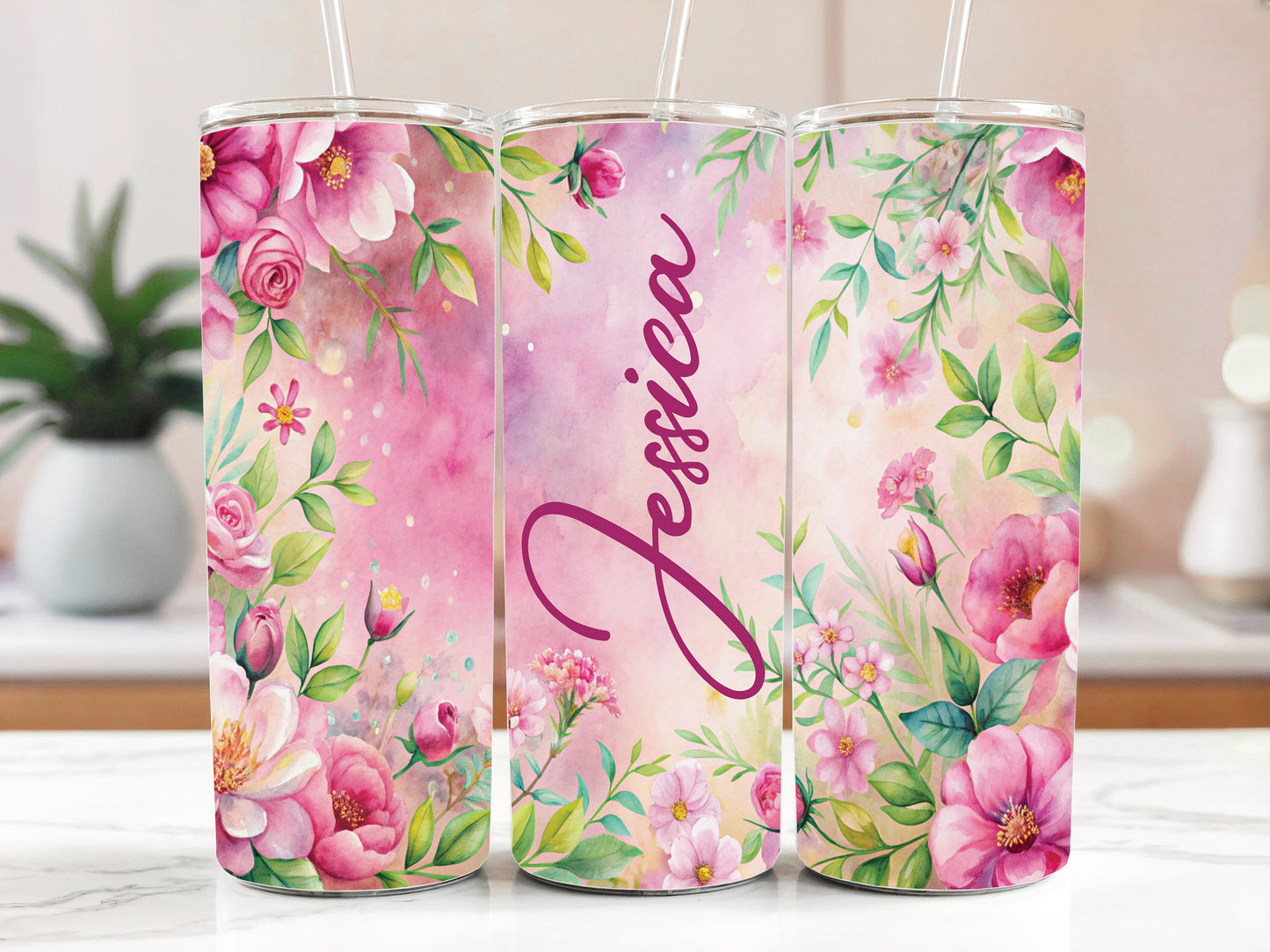 Garden Lover's Pink Floral Tumbler, Insulated Steel Cup with Spring Blossoms