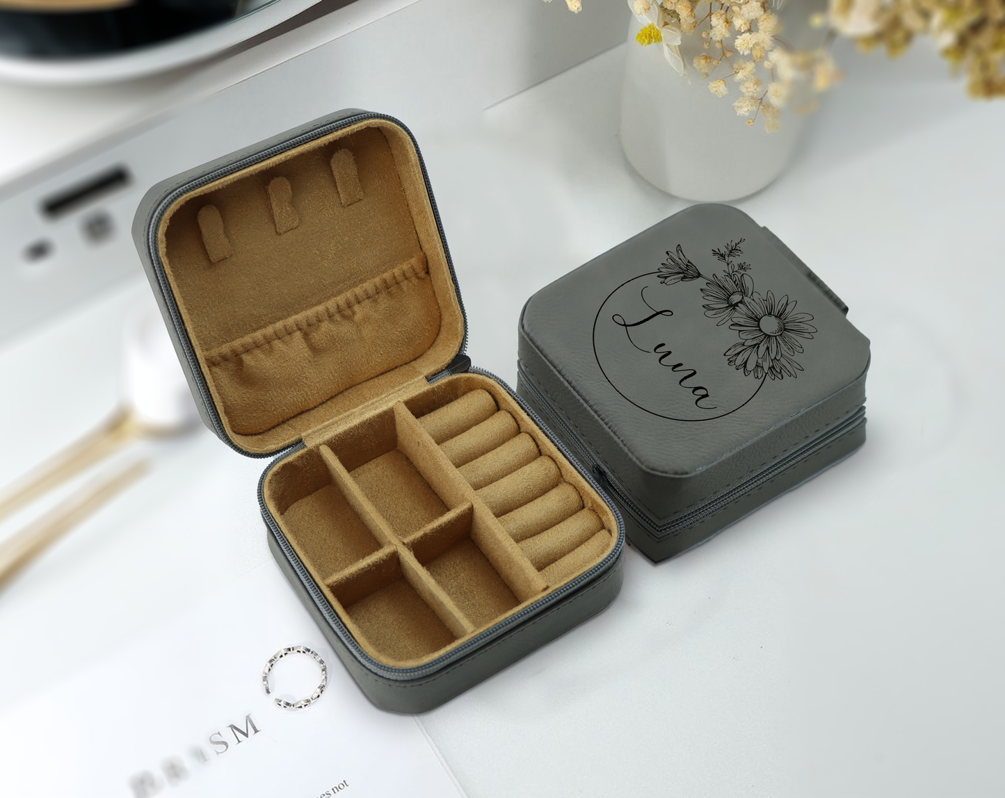 Personalized Leather Jewelry Case with Flower Design, Ideal Bridesmaid Gift