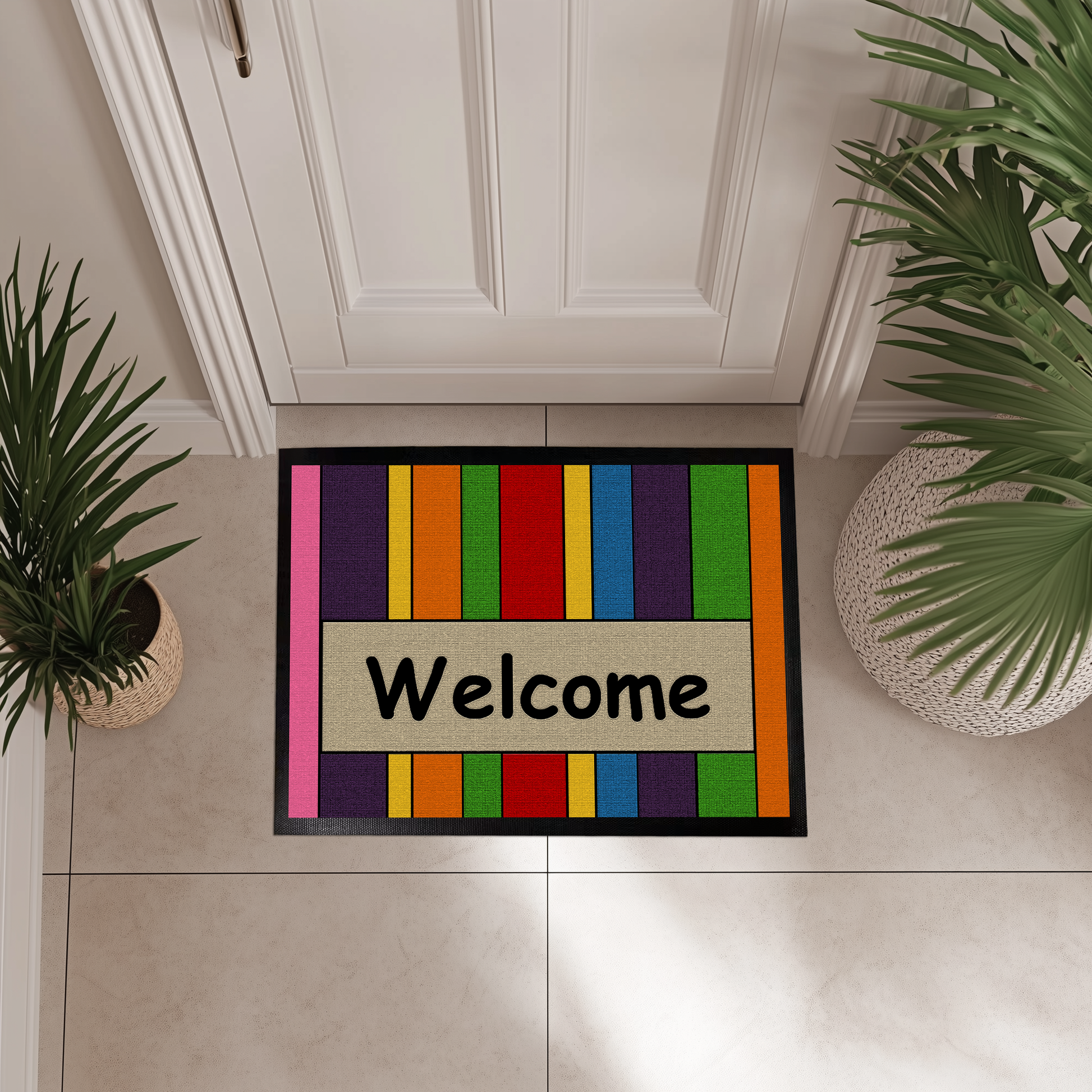 Vibrant Rainbow Striped Doormat, Modern Boho Pride Month Decor Gift