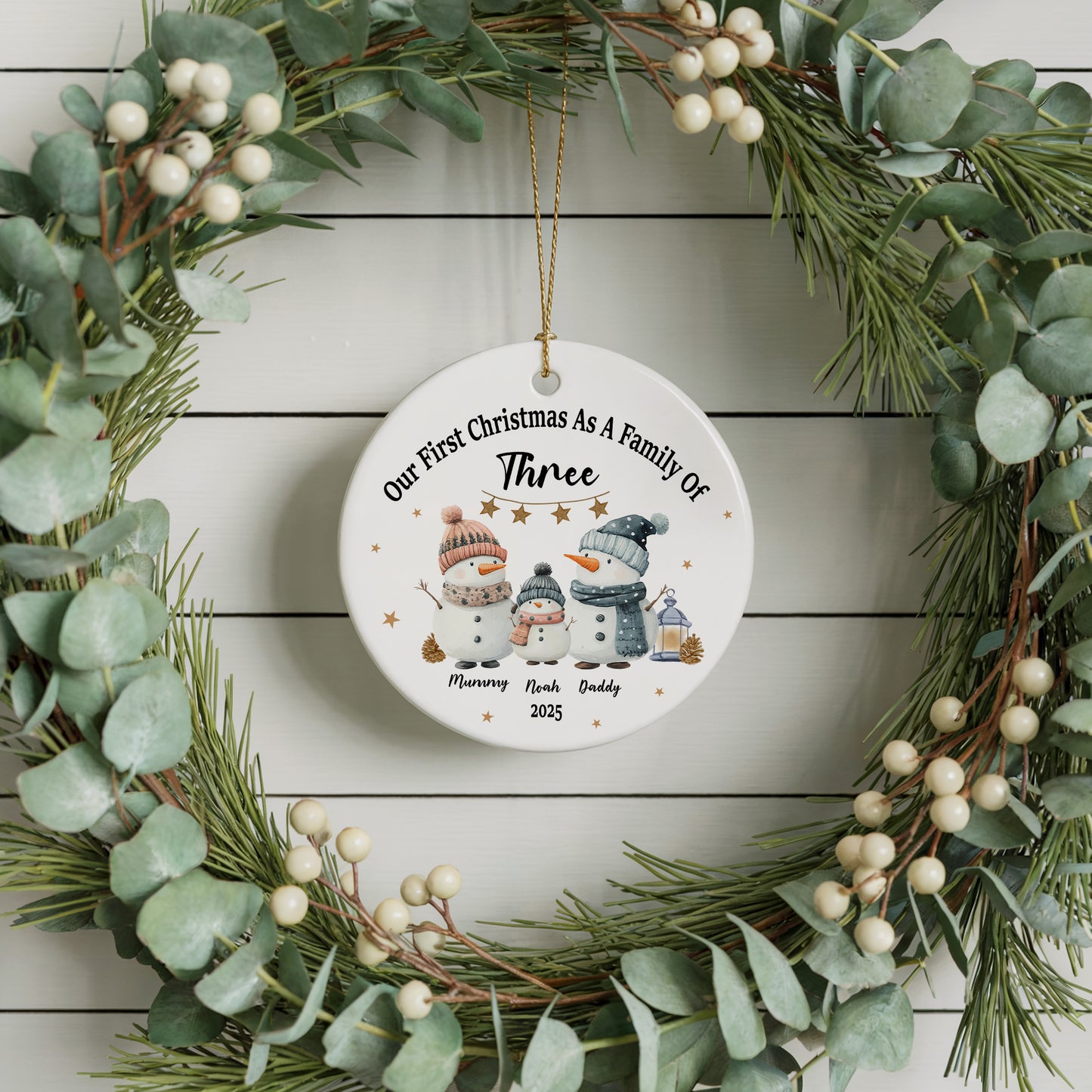 Snowmen Theme Family Xmas Ornament, Customizable Ceramic Keepsake Gift