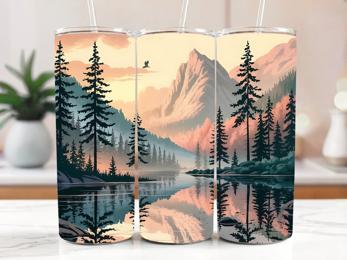 Explore Wilderness with Mountain Lake View Tumbler, Vibrant Colors