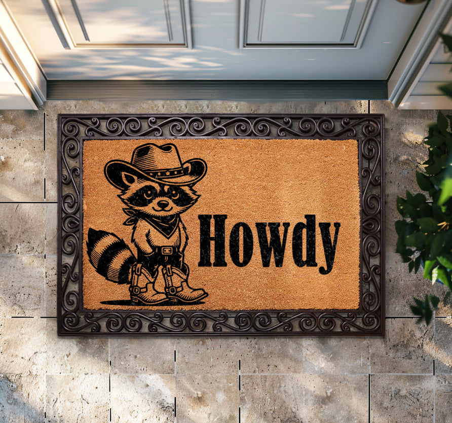 Western Animal Door Mat: Rustic Farmhouse Charm, Cowboy Raccoon Welcome