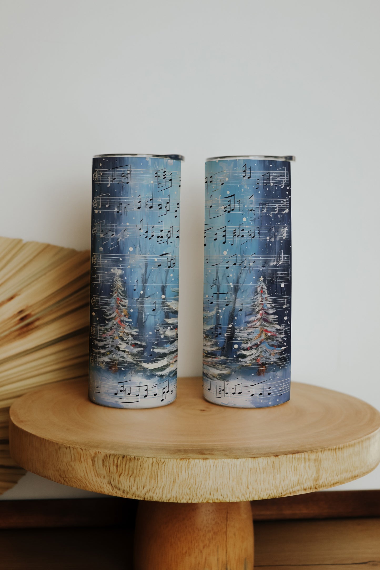 Festive Music Notes Tumbler: Snowy Trees, Golden Star Ornament Design