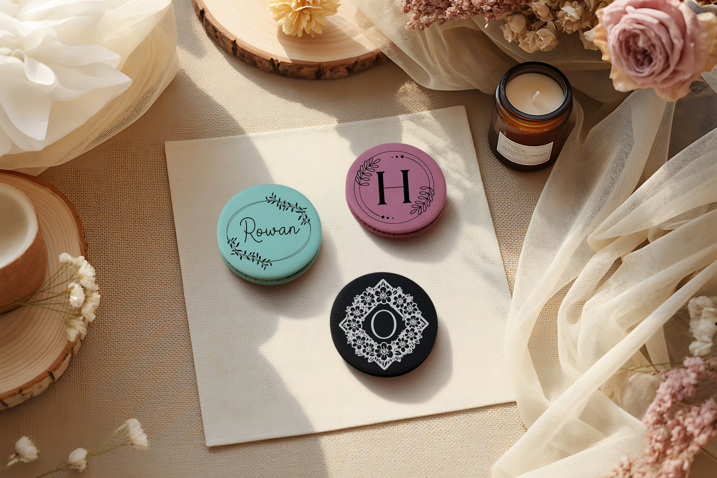 Floral Engraved Personalized Compact Mirror, Bridal Party Vegan Leather Gift