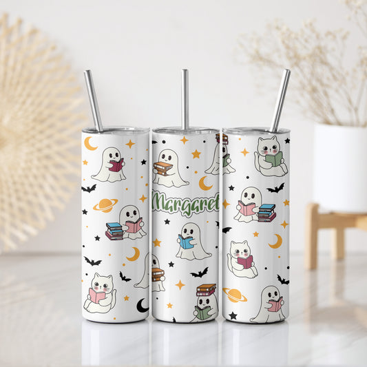 Bookish Ghost & Cat Water Bottle, Cute Halloween Coffee Tumbler.