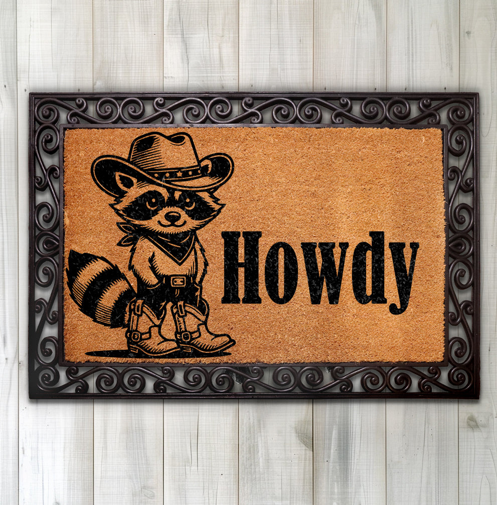 Western Animal Door Mat: Rustic Farmhouse Charm, Cowboy Raccoon Welcome