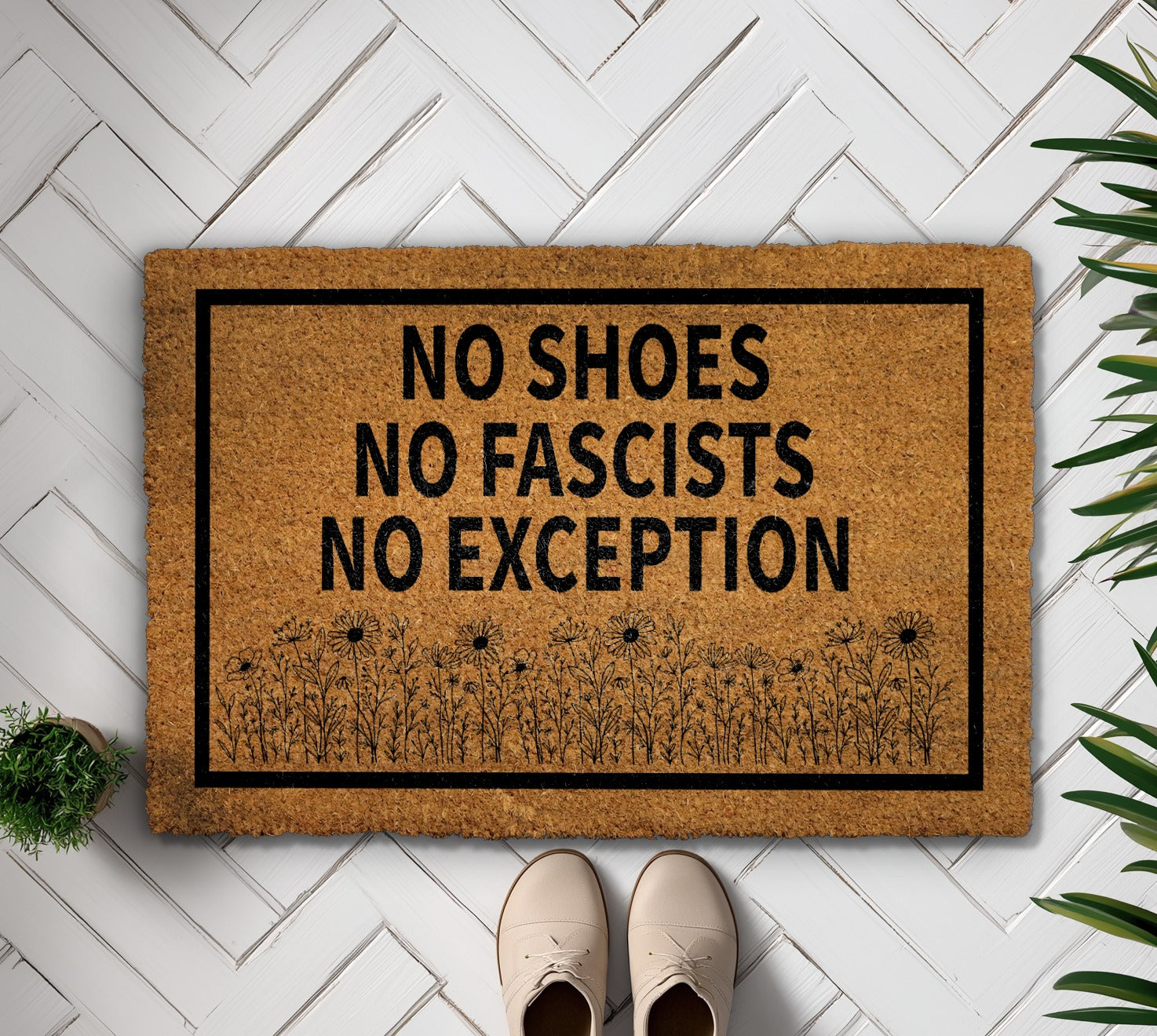 Floral Anti-Fascist Doormat, Progressive Front Porch Mat, Ideal Gift