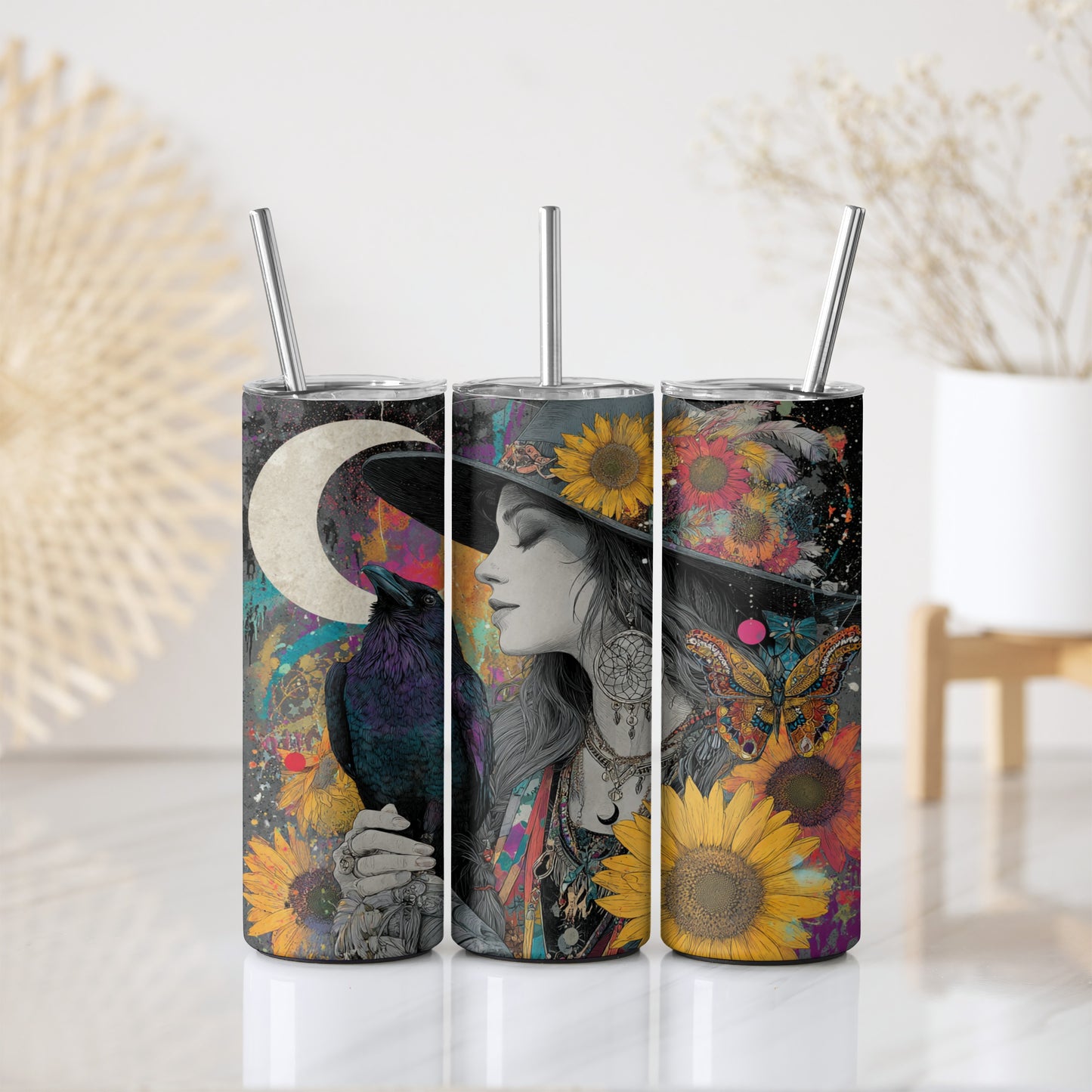 Raven, Moon, and Sunflower Insulated Tumbler for Spiritual Sips