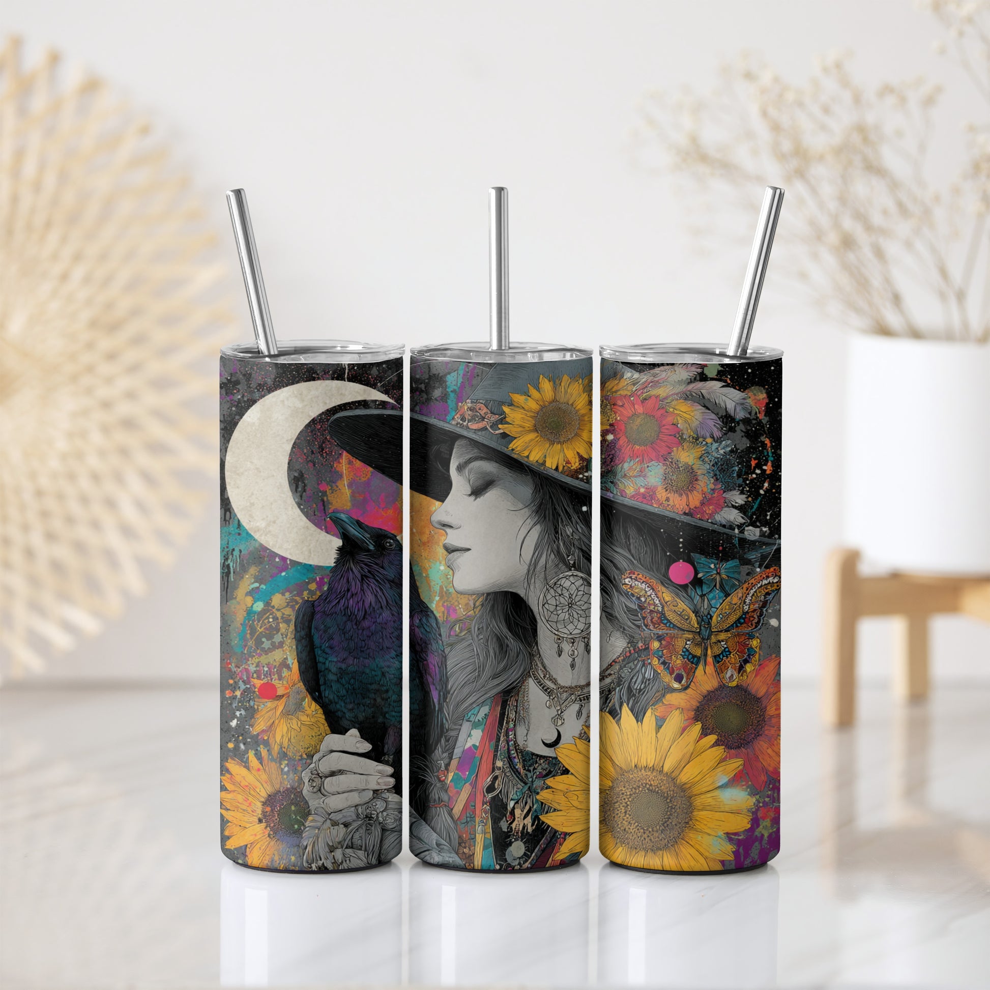 Raven, Moon, and Sunflower Insulated Tumbler for Spiritual Sips