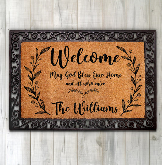 Custom Christian Family Name Coir Doormat, Personalized Religious Welcome Rug