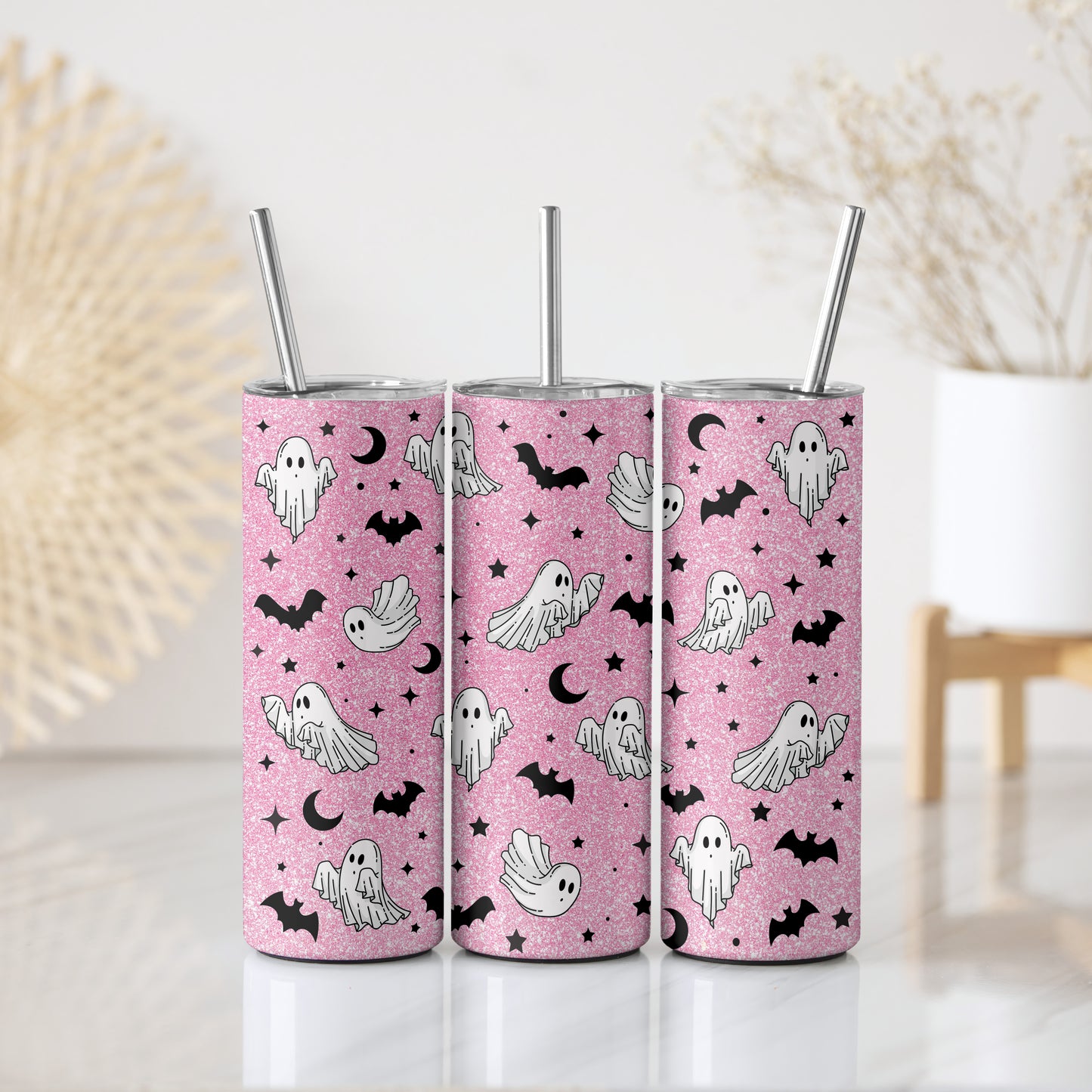 Whimsical Ghosts, Bats Stainless Steel Tumbler - Glittery Halloween Design