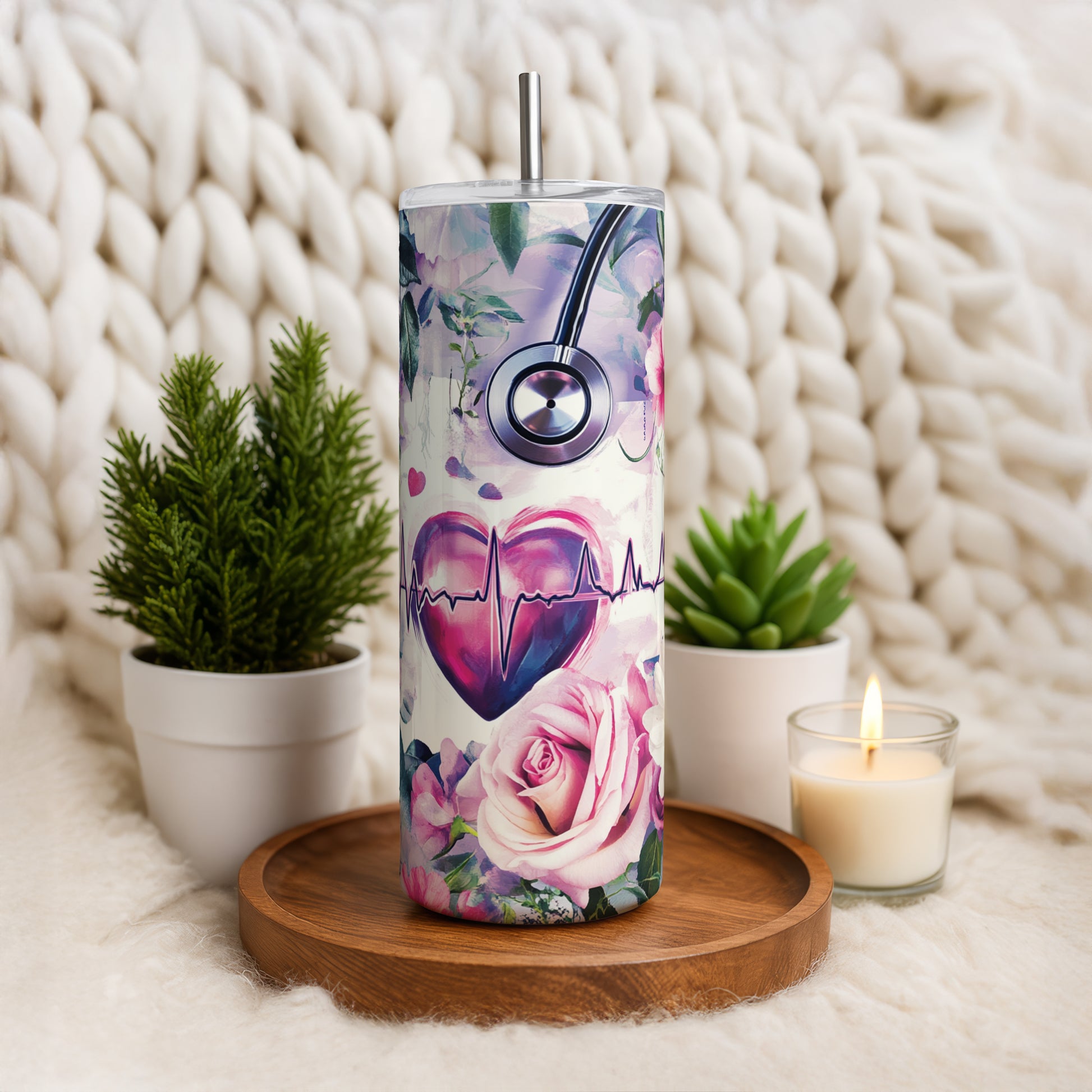Vibrant Flowers, Heartbeat & Stethoscope Design Insulated Healthcare Tumbler,