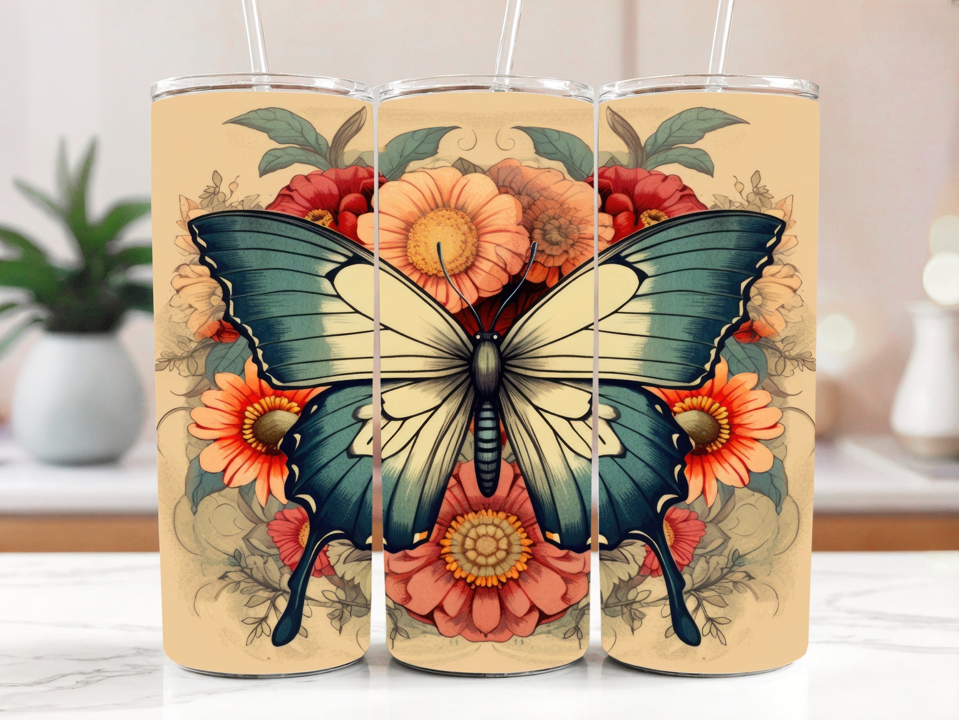Vintage Floral, Boho Butterfly Stainless Steel Tumbler, Aesthetic Botanical.