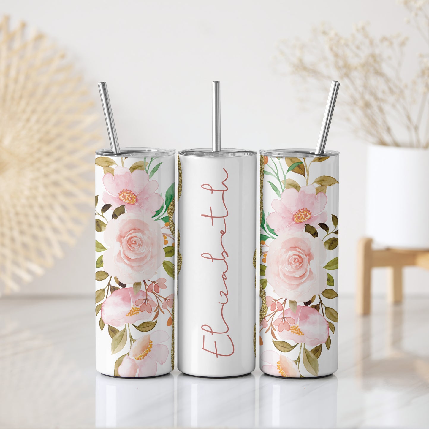 Customizable Floral Steel Tumbler, Insulated Travel Cup, Unique Gift