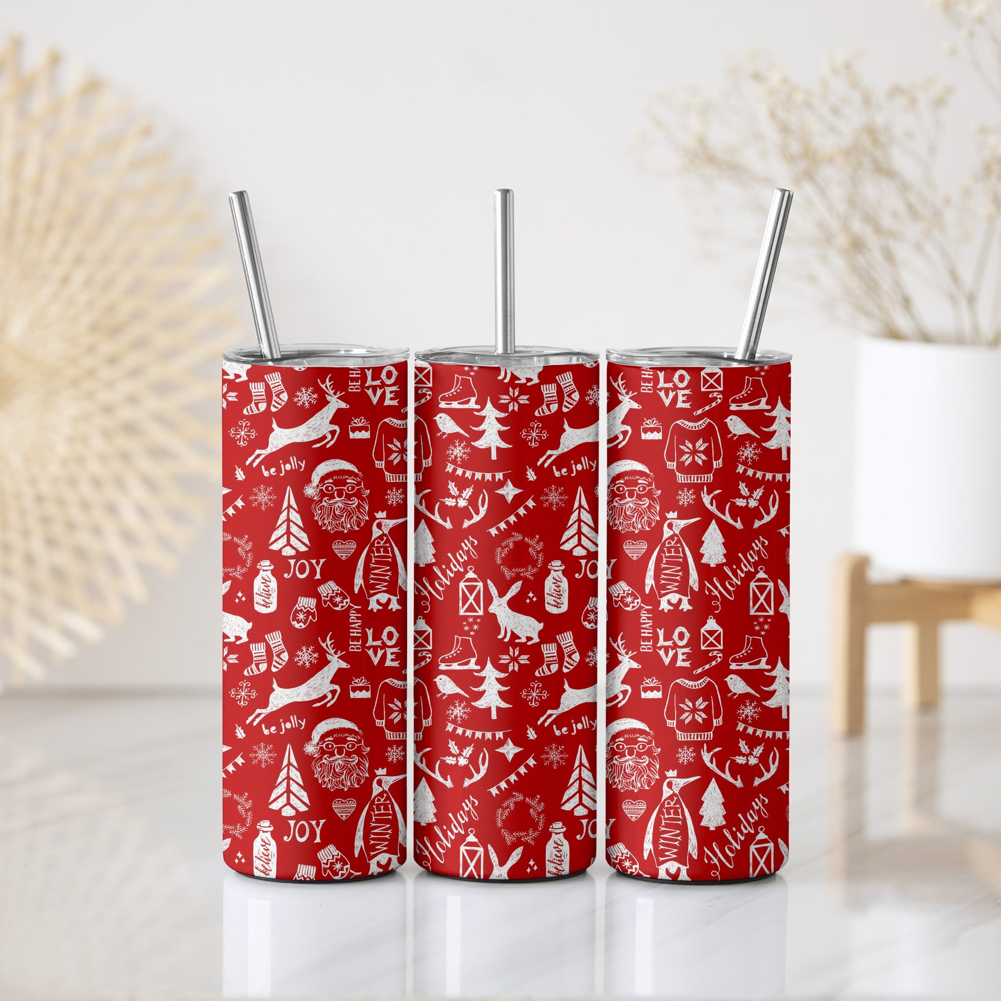 Festive Kids' Water Bottle, Santa Reindeer Pattern Insulated Tumbler