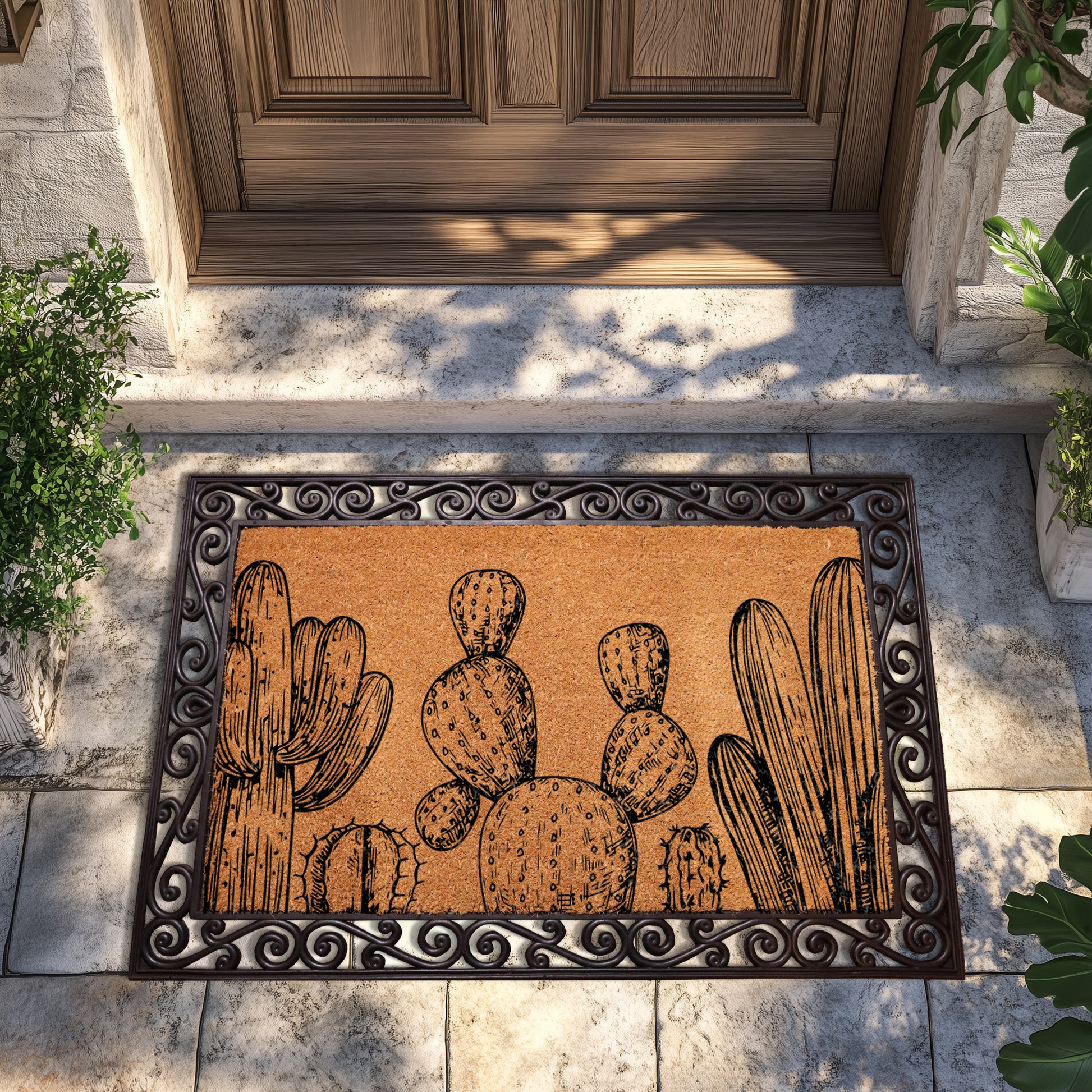 Hand-drawn Cactus Coir Doormat, Southwest Rustic Farmhouse Welcome Mat