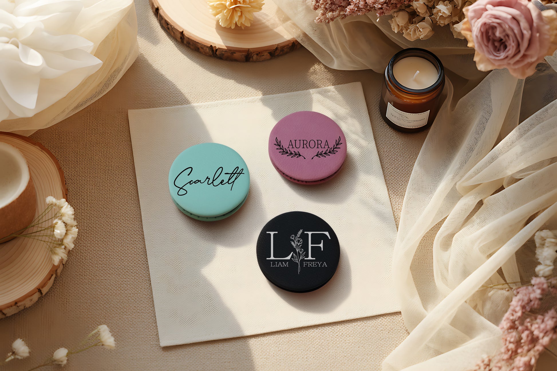 Engrave Your Style: Personalized Leatherette Pocket Mirror, Perfect for Travel