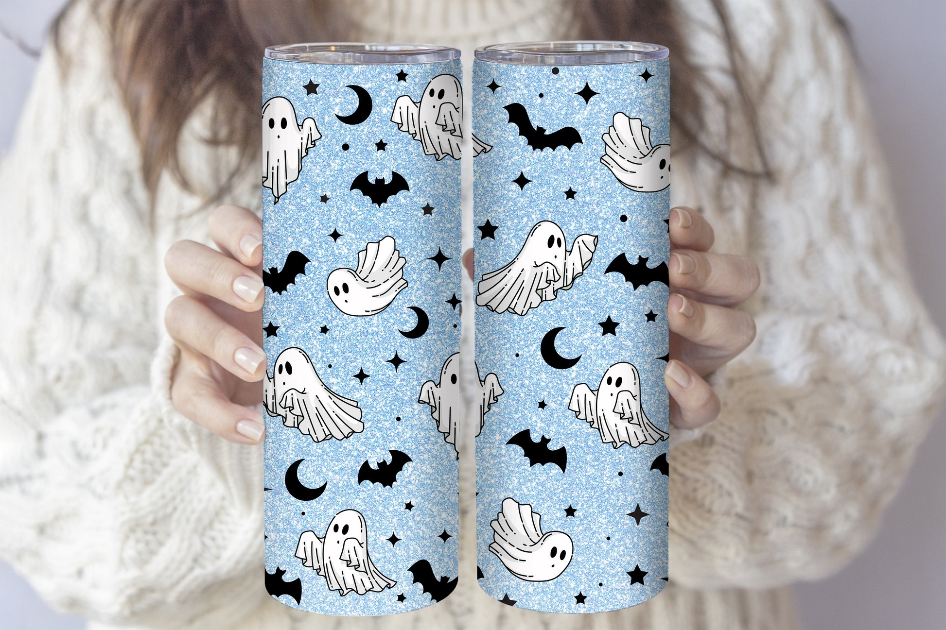 Whimsical Ghosts, Bats Stainless Steel Tumbler - Glittery Halloween Design