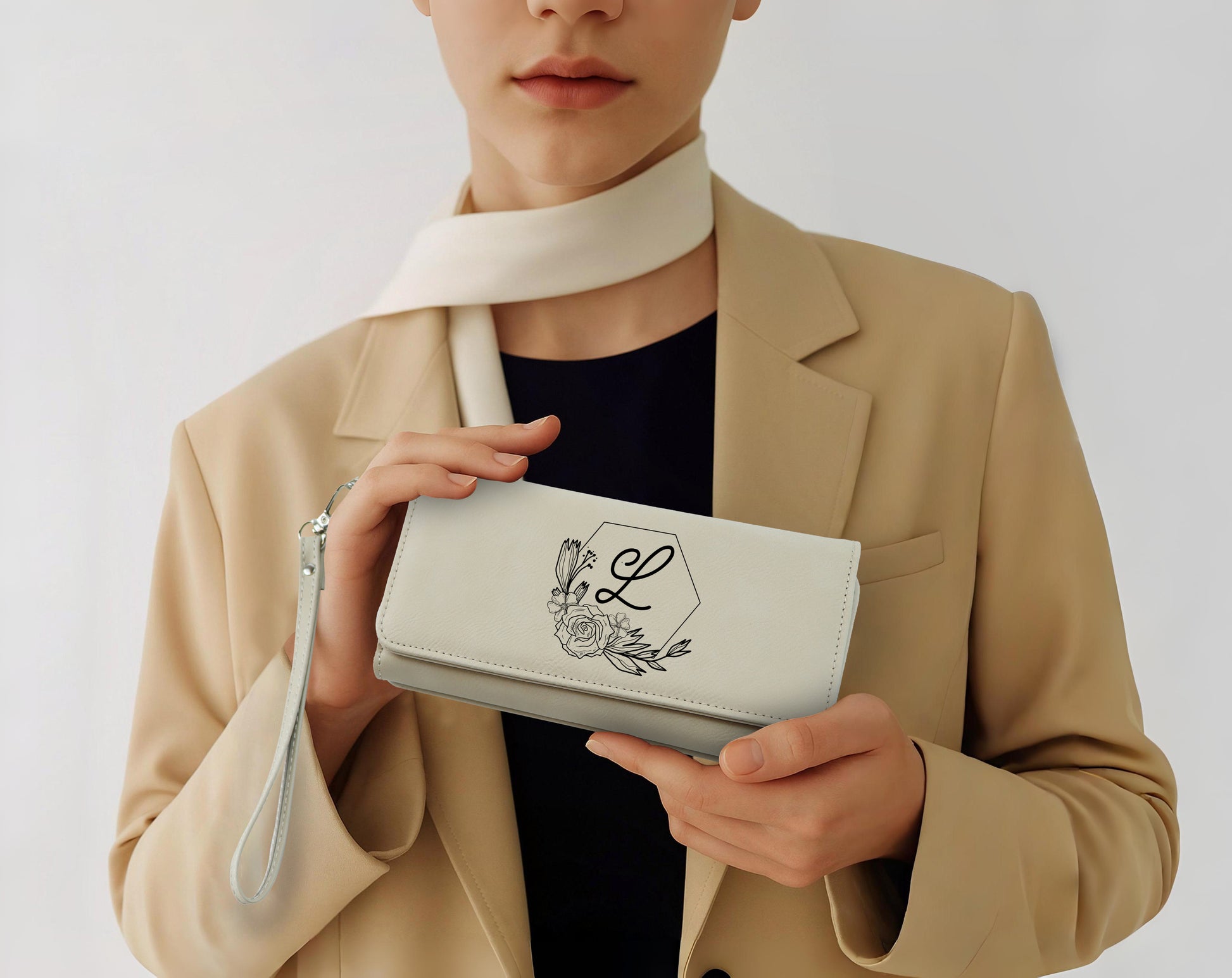 Custom Vegan Leather Wallet with Engraved Name, Floral Wristlet Purse