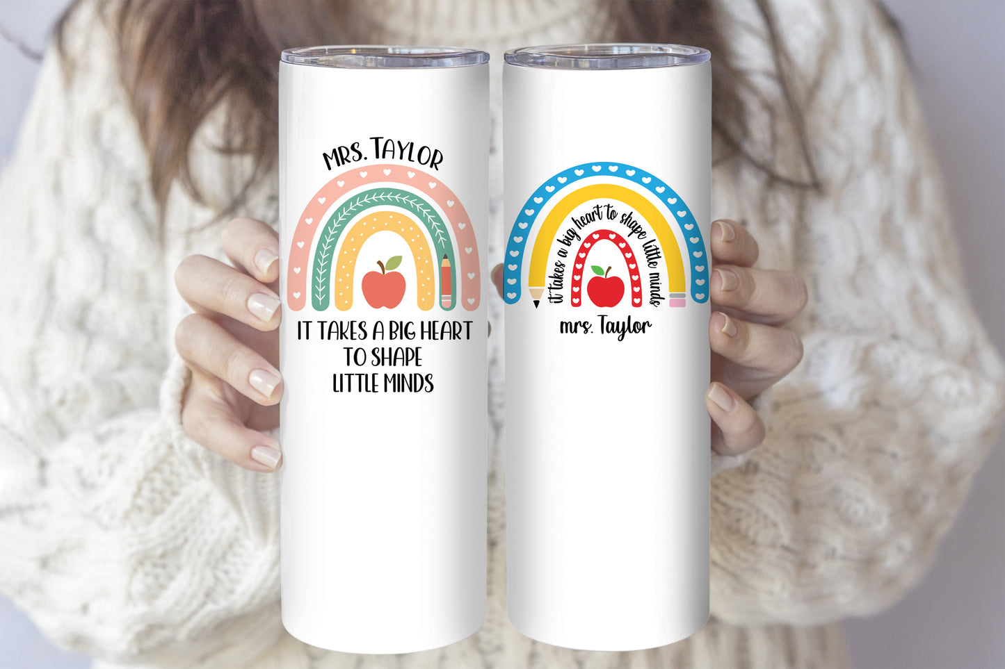 Rainbow & Apple Teacher Tumbler: Big Heart, Little Minds Gift