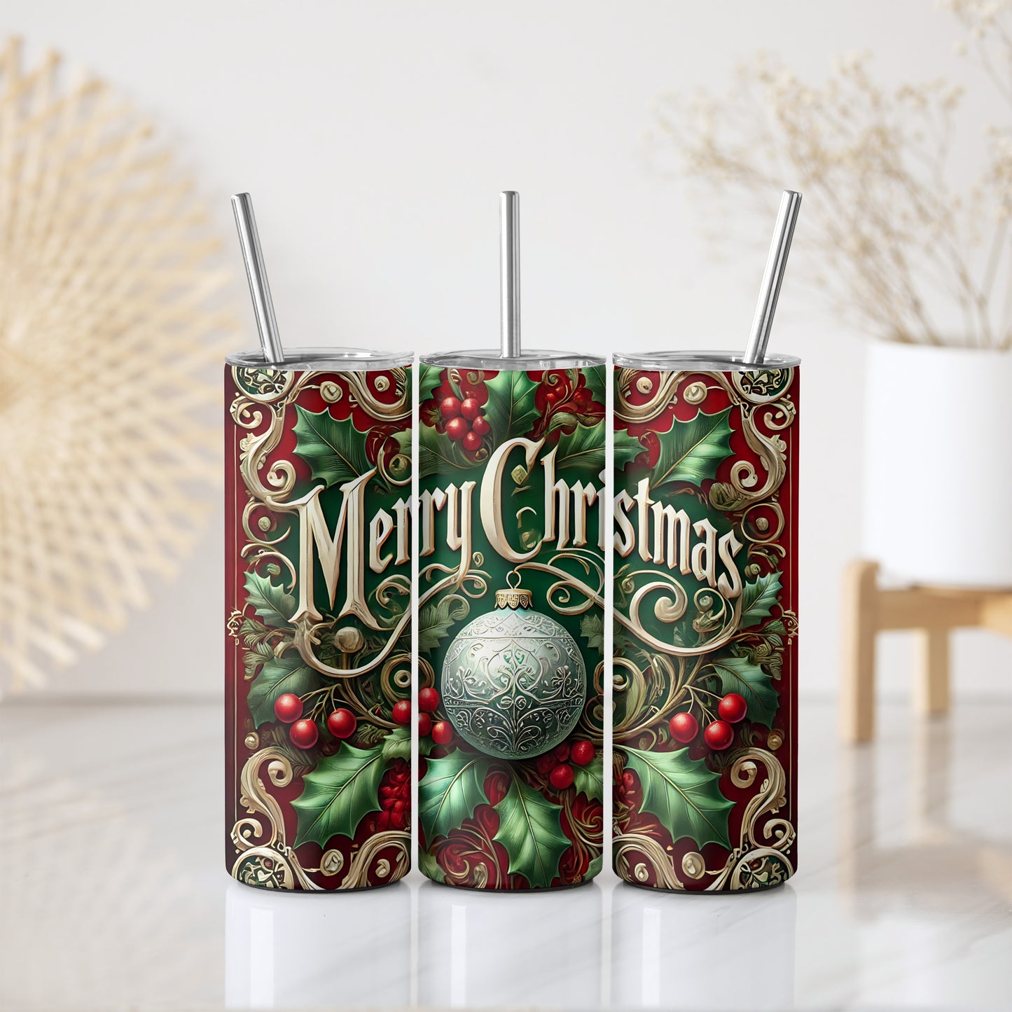 Xmas Ball Ornament & Mistletoe Print Tumbler with Straw