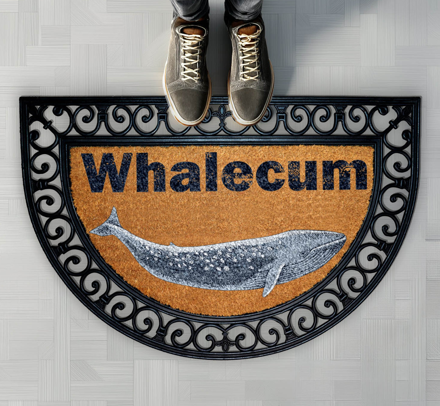 Whalecum Coco Doormat, Nautical Pun Rug, Funny Ocean Animal Mat