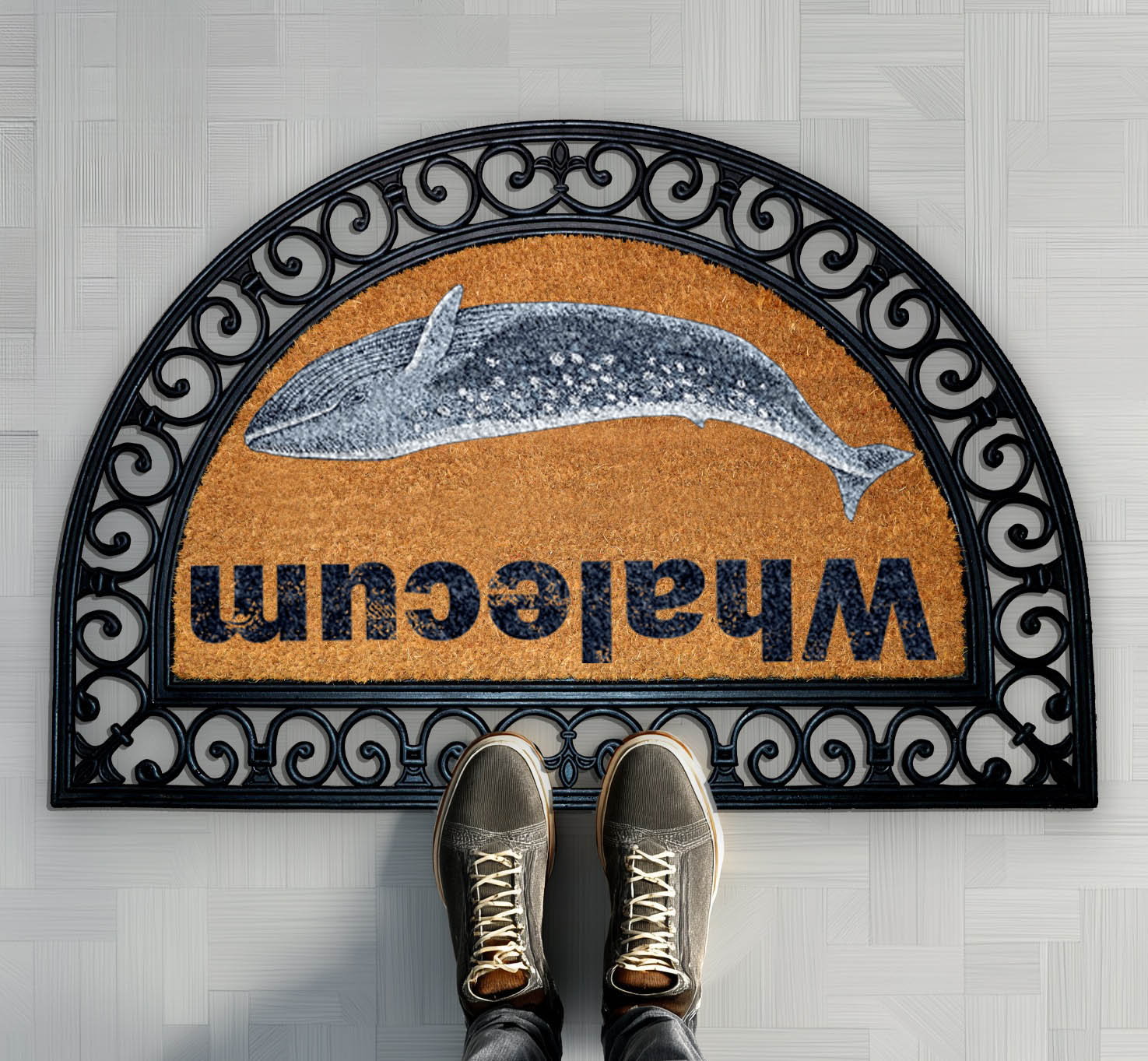 Whalecum Coco Doormat, Nautical Pun Rug, Funny Ocean Animal Mat