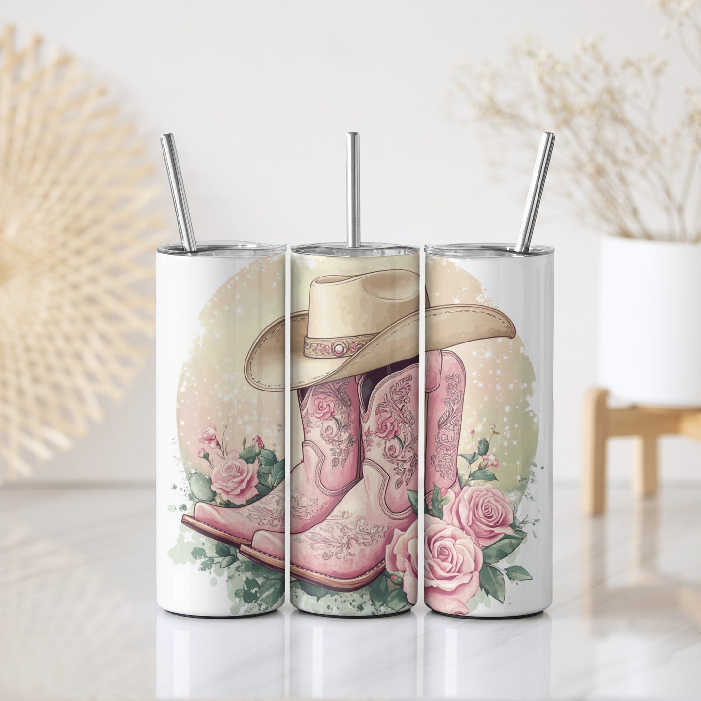 Aesthetic Cowgirl Tumbler, Retro Pink Boots & Roses Stainless Steel Insulated Tumbler