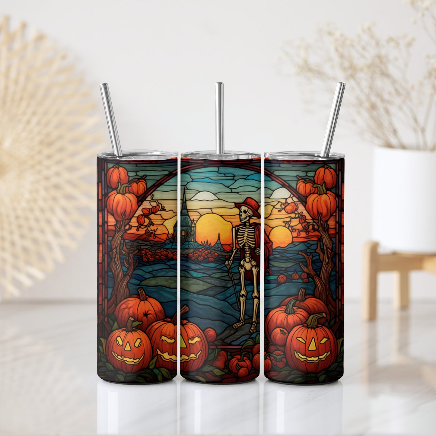 Stained Glass Pumpkin Field Tumbler, Skeleton Scarecrow Water Bottle