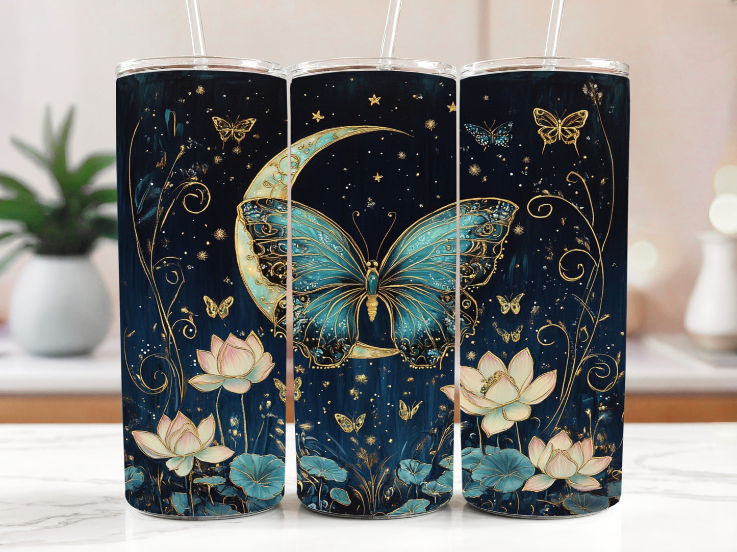 Mystical Butterfly, Celestial Moon, Lotus Flower Stainless Steel Tumbler