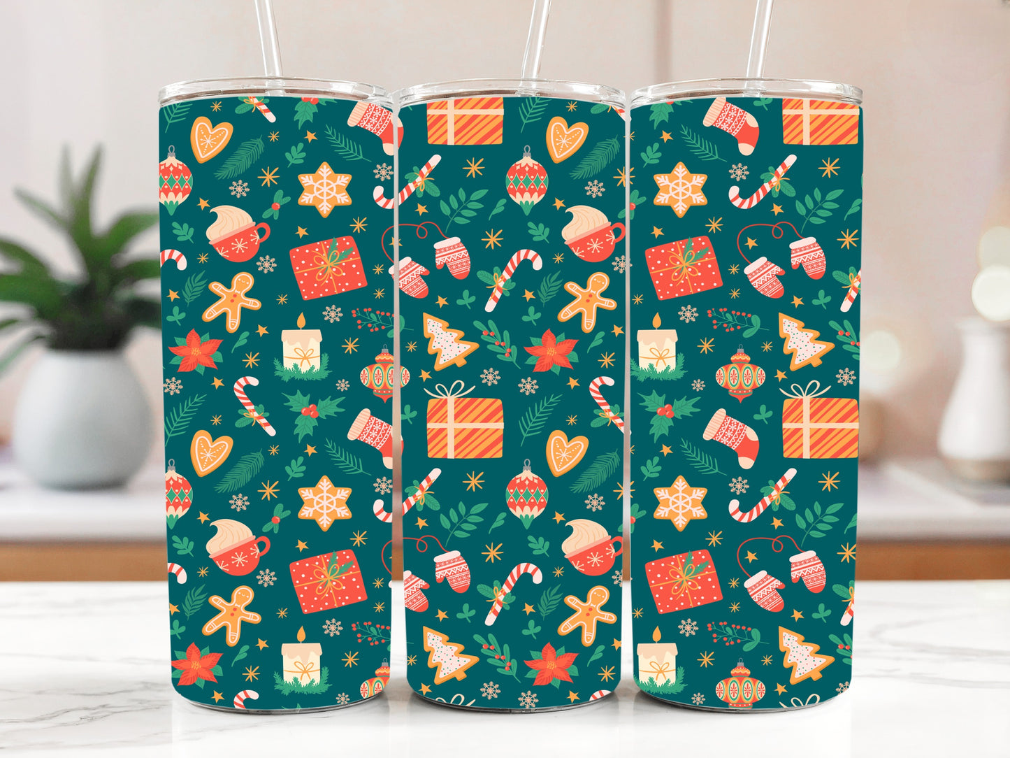 Vibrant Colors Xmas Holiday Tumbler, Christmas Icons Pattern Insulated Cup