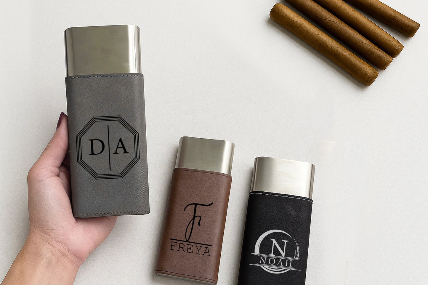 Personalized Vegan Leather Cigar Case with Cutter, Engraved Monogram Gift