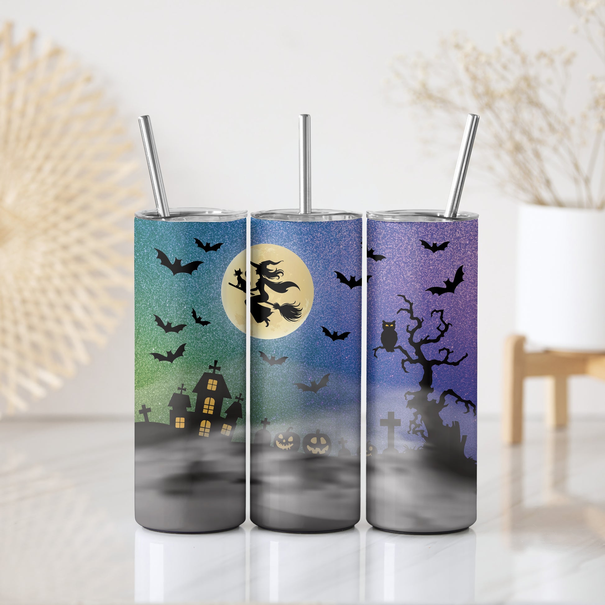 Twilight witch tumbler, spooky haunted house design, steel water bottle