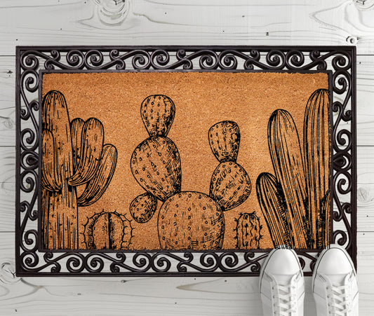 Hand-drawn Cactus Coir Doormat, Southwest Rustic Farmhouse Welcome Mat