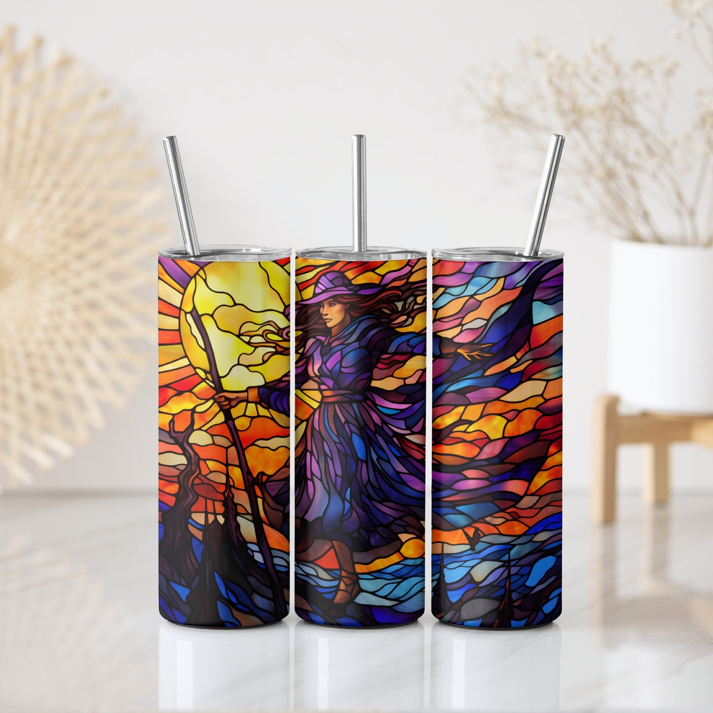 Colorful Stained Glass Wizard Tumbler, Vibrant Halloween Stainless Steel Cup.