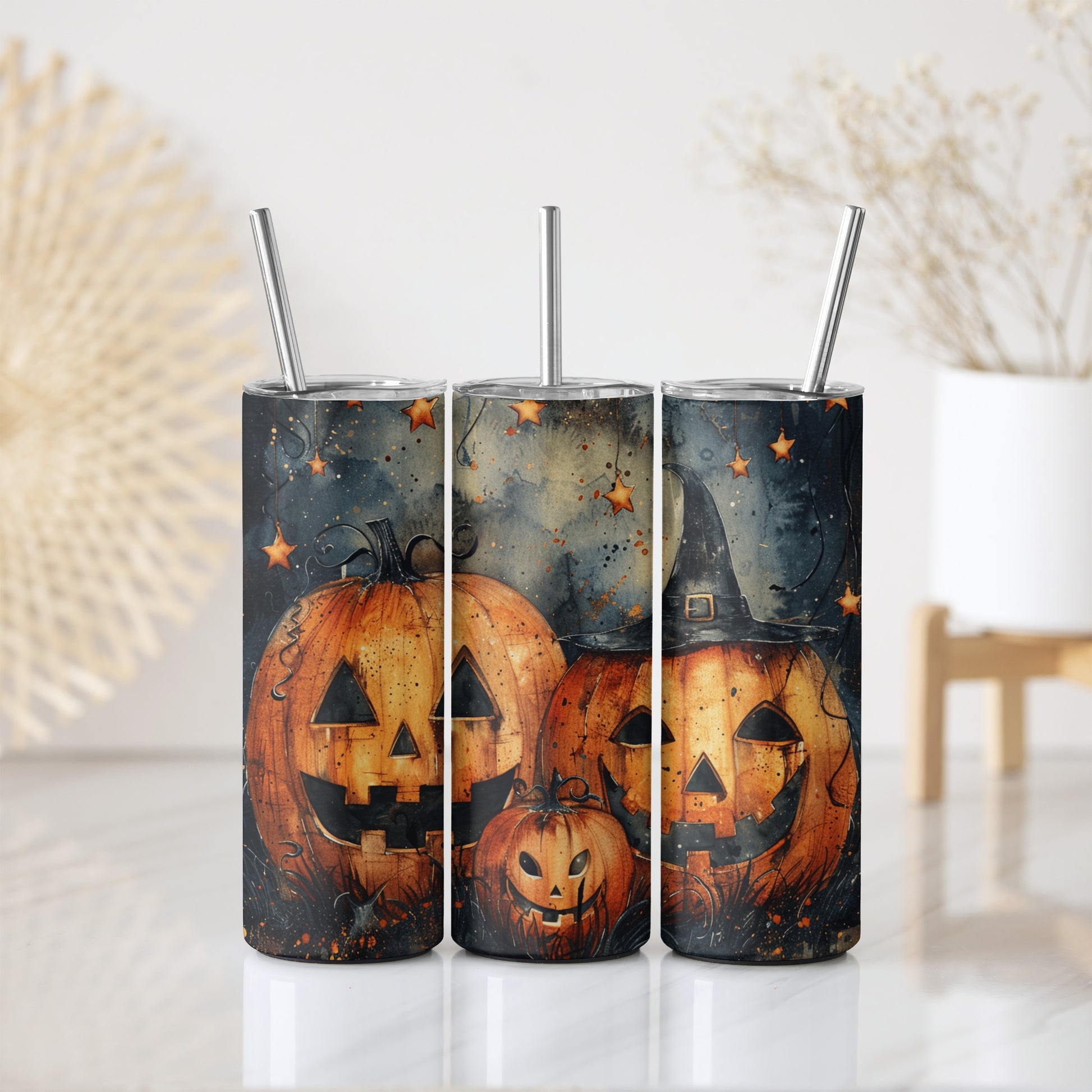 Witchy Pumpkin Stainless Steel Tumbler, Spooky Jack-O-Lantern Family Theme
