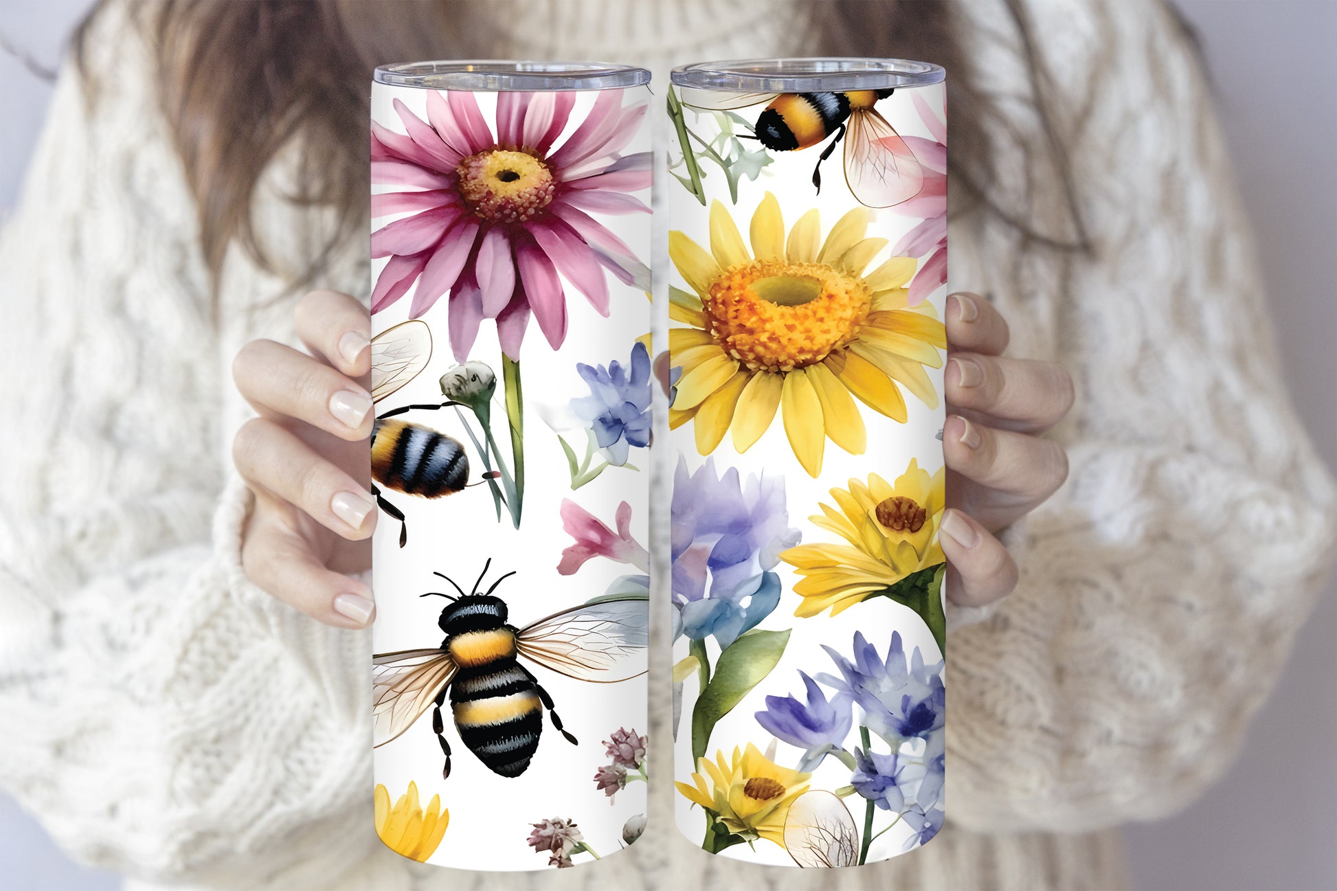 Wildflower and Honeybee Tumbler, Stainless Steel Nature Lover Travel Mug
