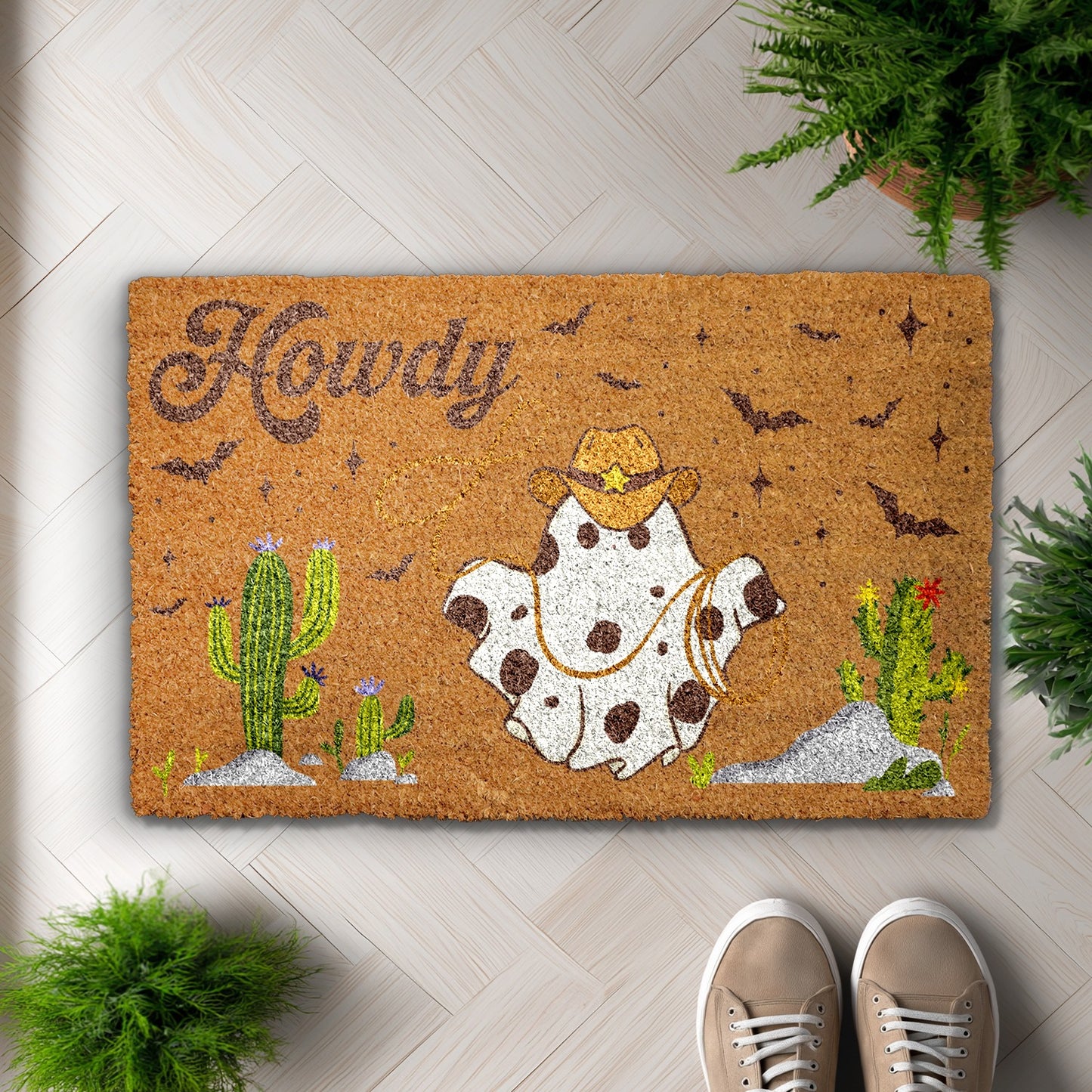 Ghostly Howdy! Spooky Cowboy Welcome Mat, Perfect for Halloween Decor