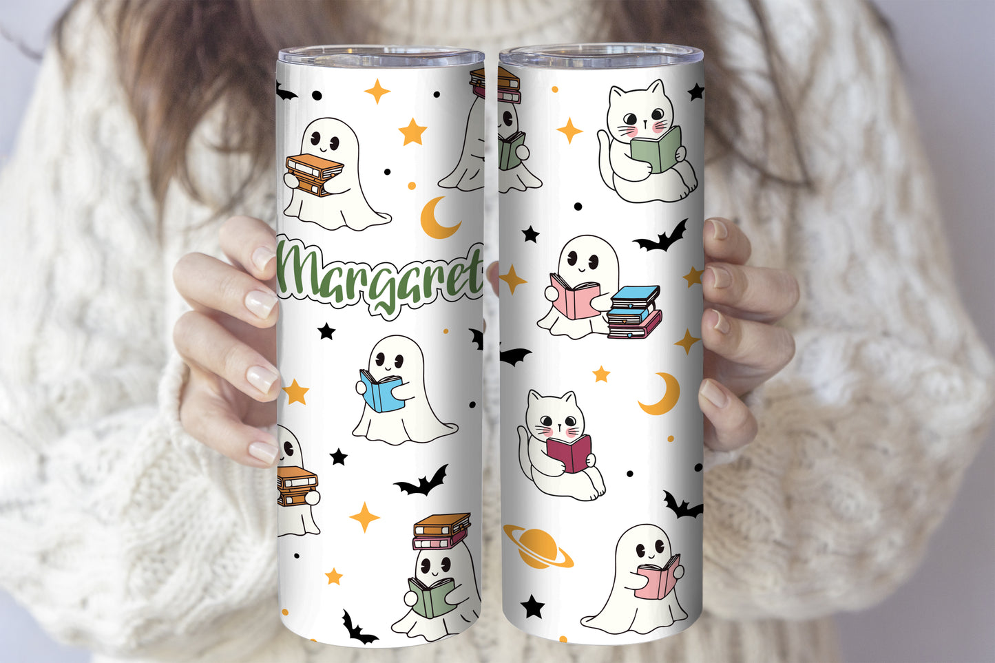 Bookish Ghost & Cat Water Bottle, Cute Halloween Coffee Tumbler.