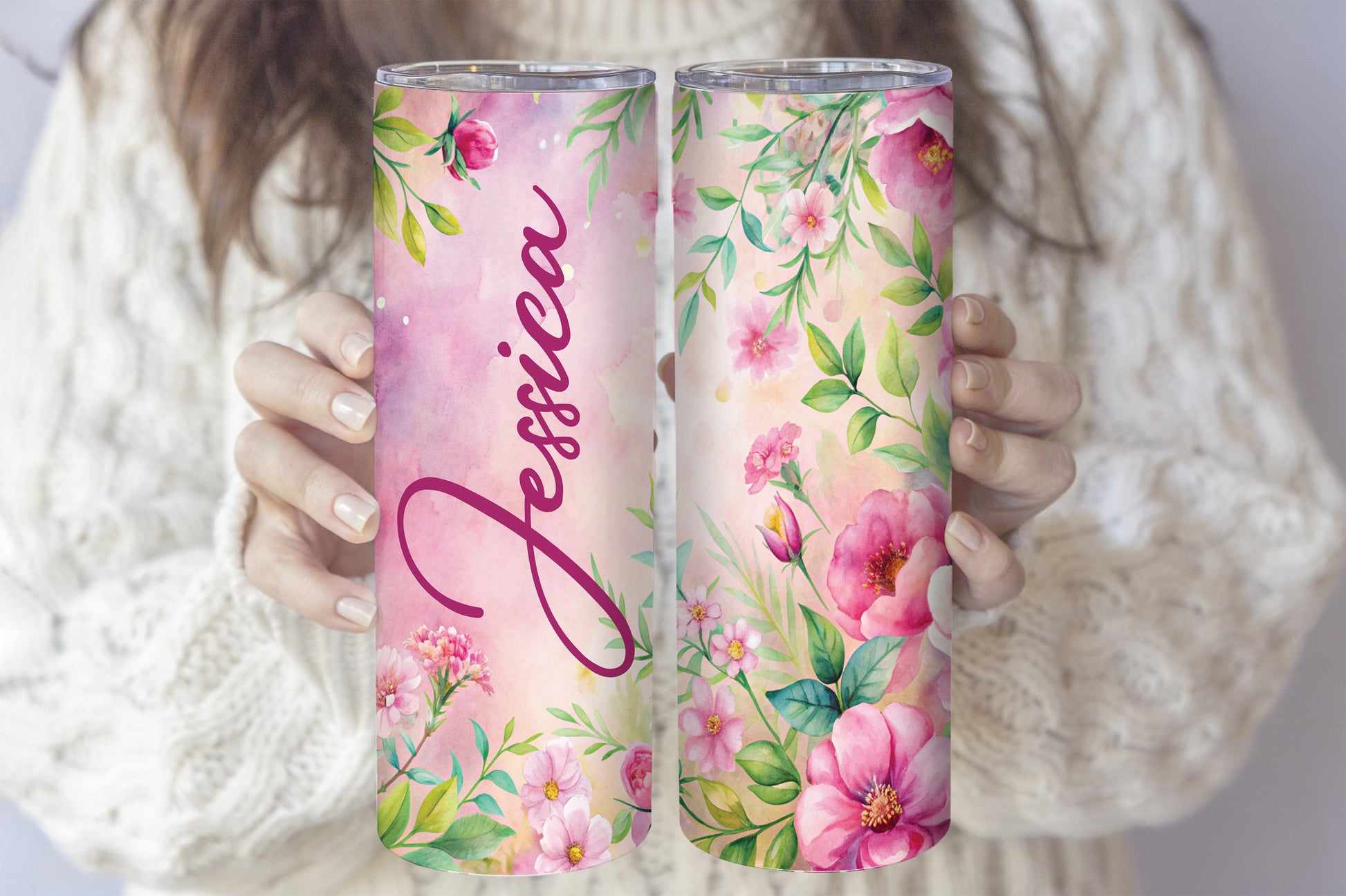Garden Lover's Pink Floral Tumbler, Insulated Steel Cup with Spring Blossoms